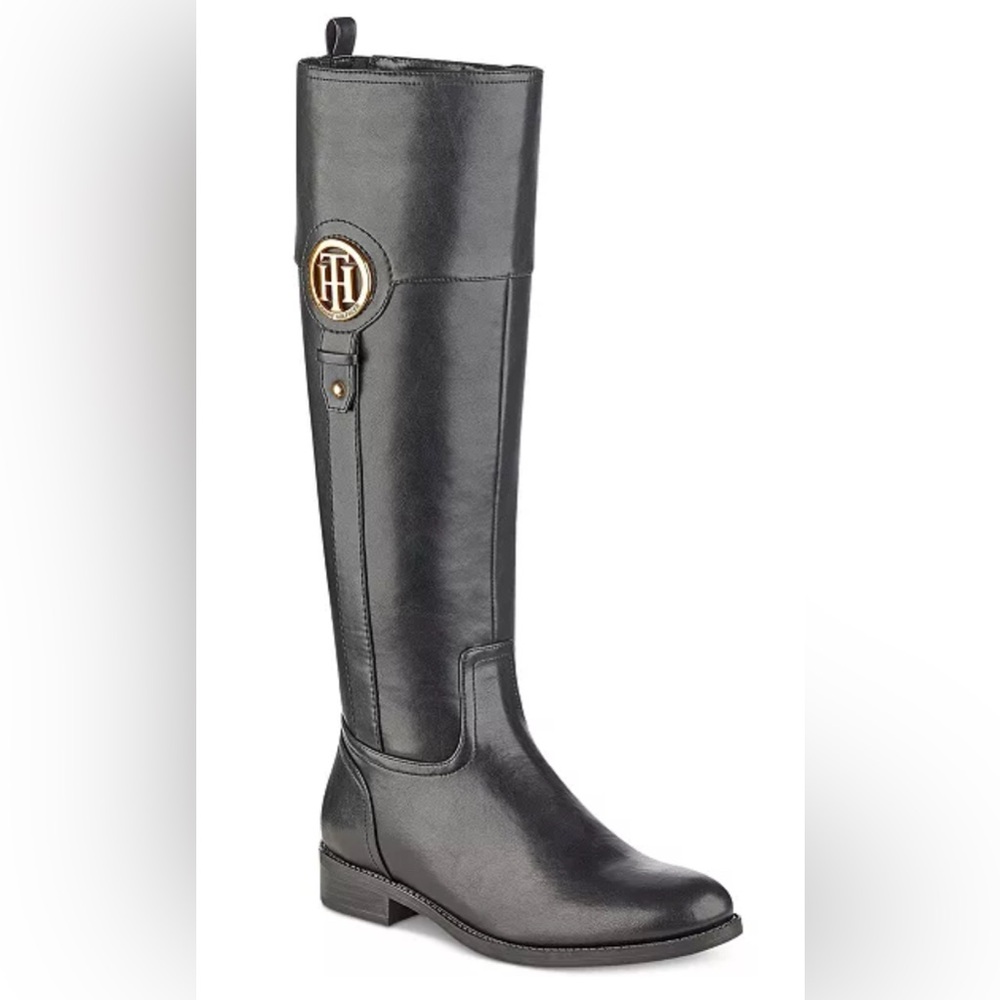Tommy Hilfiger Black Tall Riding Boots with Gold Logo